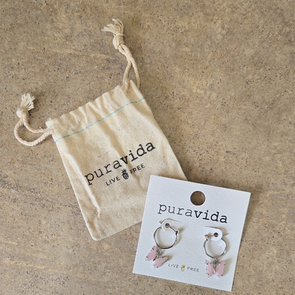 Pura Vida Silver Hoop Earrings with Pink Butterfly Charms
